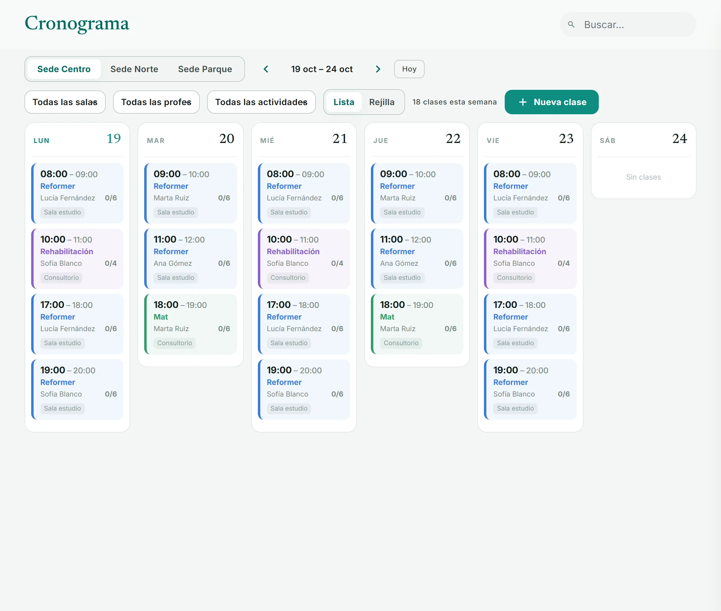 Cronograma semanal con clases, profesoras y cupos