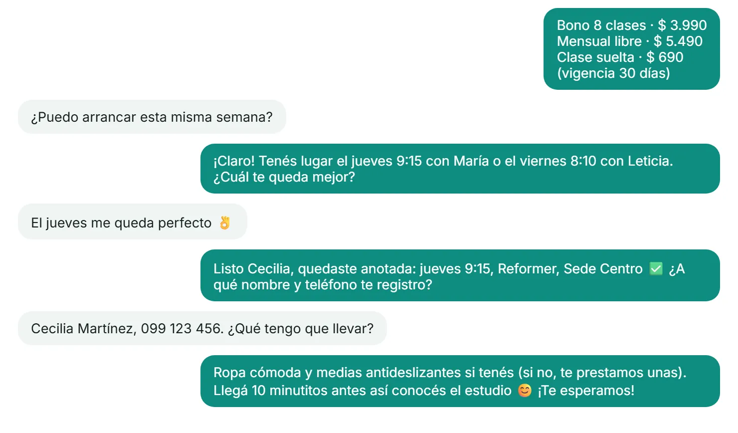 Conversación real de la bandeja: el asistente agenda una clase de prueba